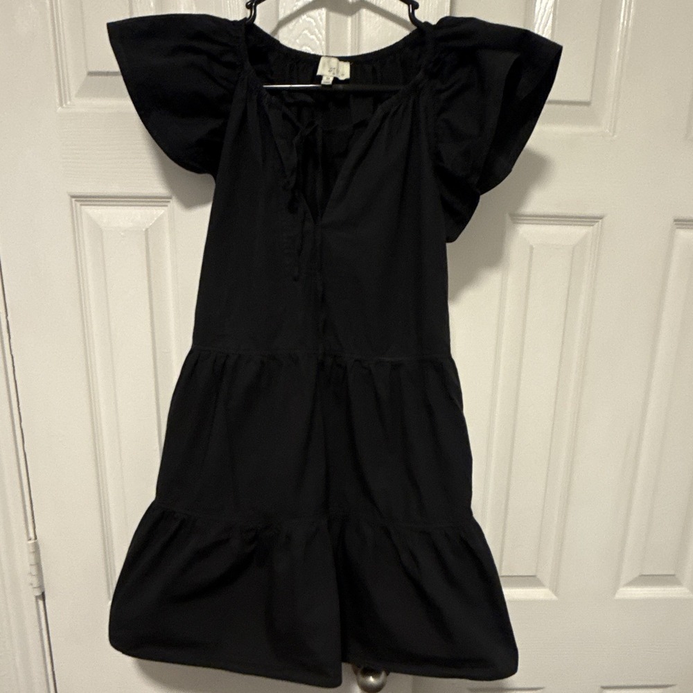 PINCH Black Cotton Romper One-Piece Flutter Sleeve V-Neck Tie Relaxed M